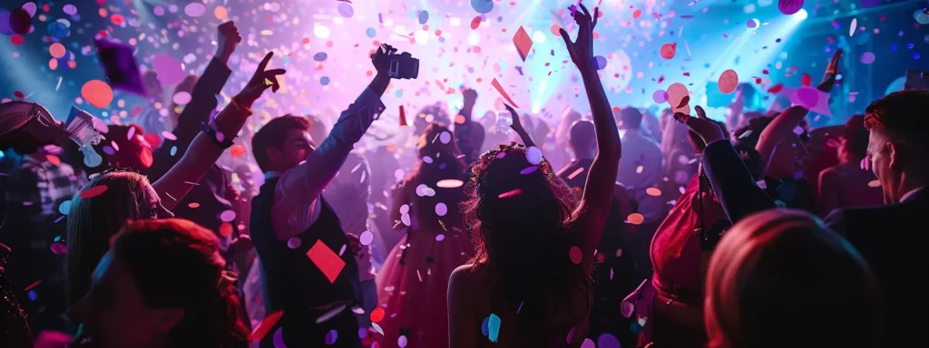 a vibrant party scene bursts with energy as guests joyfully pose with playful props in a dazzling array of illuminated photo booths, surrounded by swirling confetti and stylish backdrops that capture the essence of unforgettable moments.