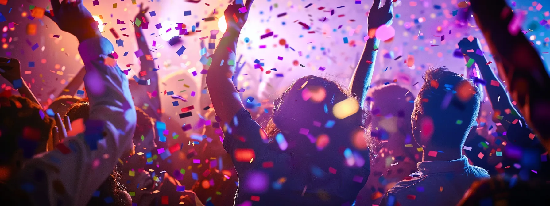 a vibrant party scene captures joyful guests striking poses at an extravagant photo booth, illuminated by colorful lights and scattered confetti, creating an atmosphere of excitement and unforgettable memories.