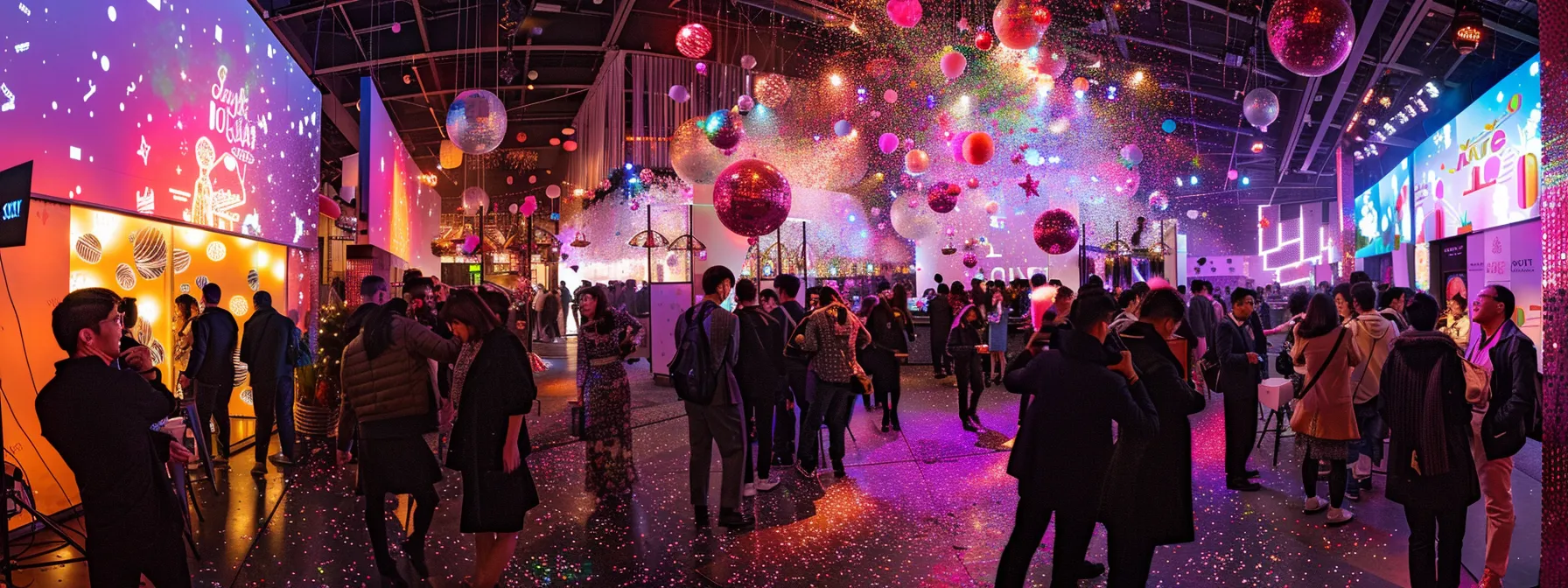 a vibrant party scene comes alive with guests joyfully posing at colorful photo booths, surrounded by dazzling lights and confetti, capturing unforgettable memories in a whirlwind of fun and excitement.