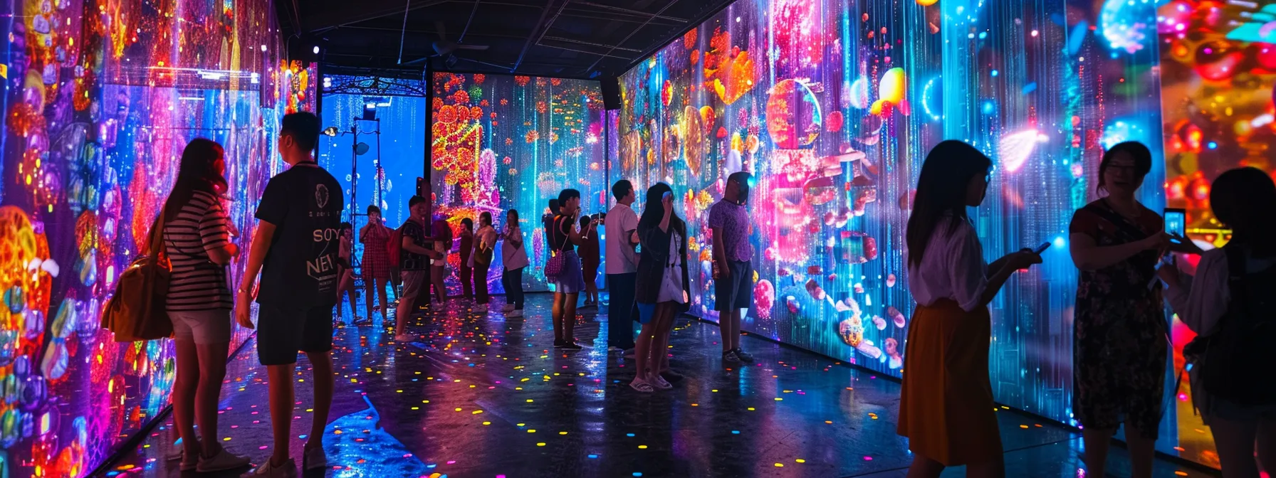 a vibrant party scene filled with guests joyfully posing at dazzling photo booths, illuminated by colorful lights and surrounded by swirling confetti, encapsulating the lively atmosphere of unforgettable memories being created.