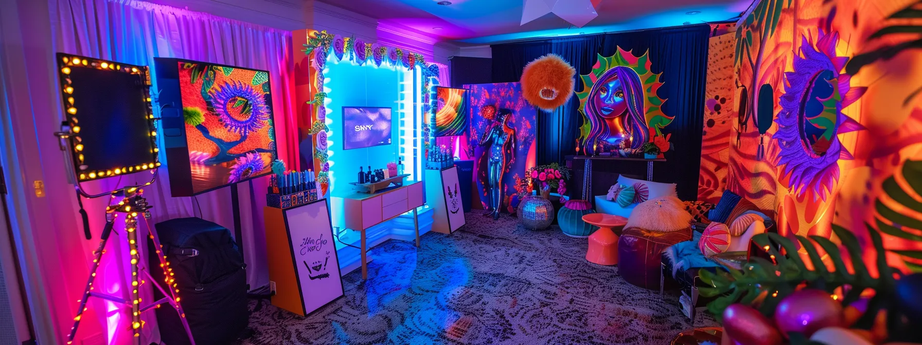 a vibrant photo booth set up at a lively event, adorned with colorful backdrops and props, inviting guests to capture joyful moments in a dynamic atmosphere under soft, glowing lighting.