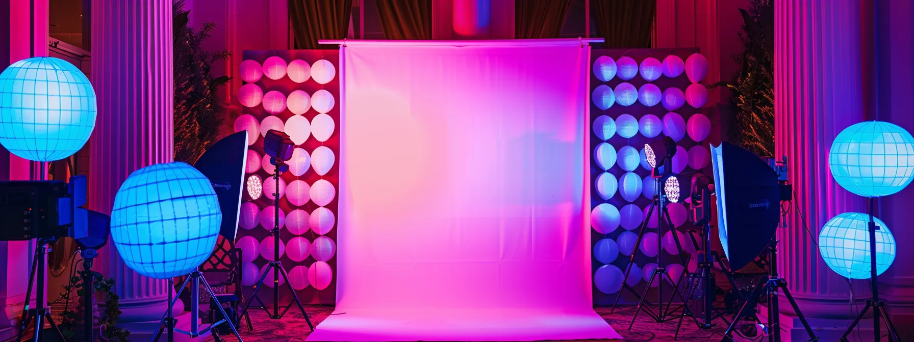 a vibrant photo booth setup at an elegant event, showcasing a stylish backdrop, modern props, and festive lighting, emphasizing the joy and excitement of capturing memorable moments while keeping budget-friendly options in mind.