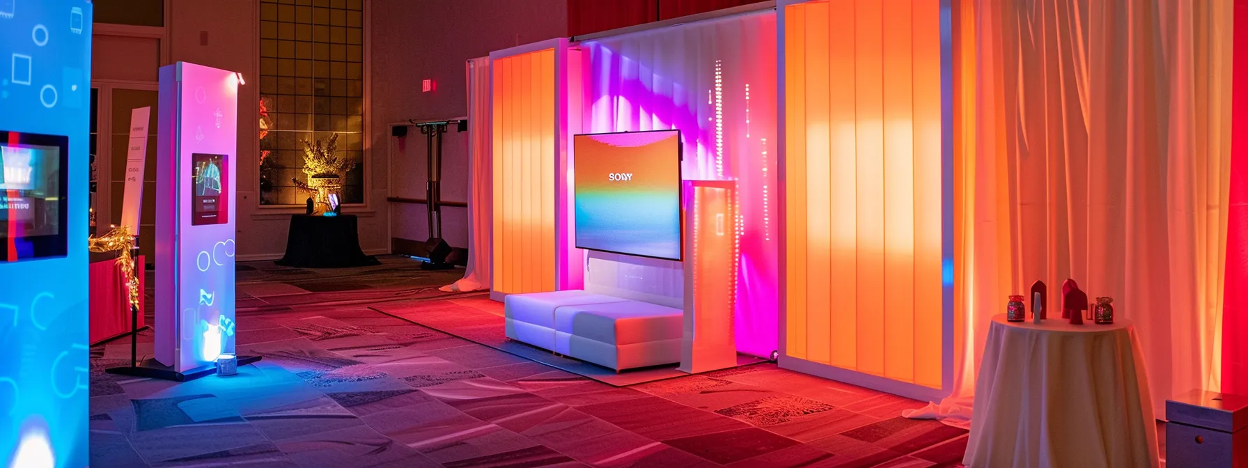 a vibrant photo booth setup showcases a juxtaposition of a sleek, digital interface displaying customizable templates and filters alongside a traditional booth adorned with whimsical props, all under soft, inviting lighting that highlights the theme of personalization and modernity in event experiences.