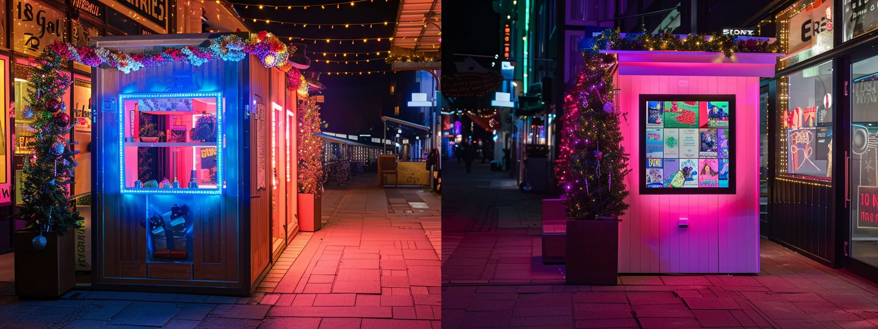 a vibrant, side-by-side comparison of a traditional photo booth, adorned with vintage decorations, and a sleek, modern digital photo booth, illuminated by colorful led lights, capturing the essence of celebration and nostalgia.