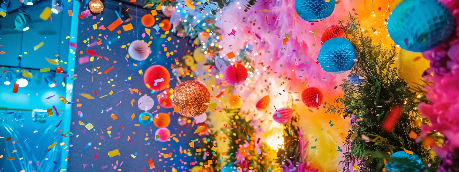 a vibrant, whimsical photo booth setup adorned with playful backdrops, colorful props, and cascading confetti, inviting guests to immerse themselves in a joyful and interactive experience at a lively celebration.