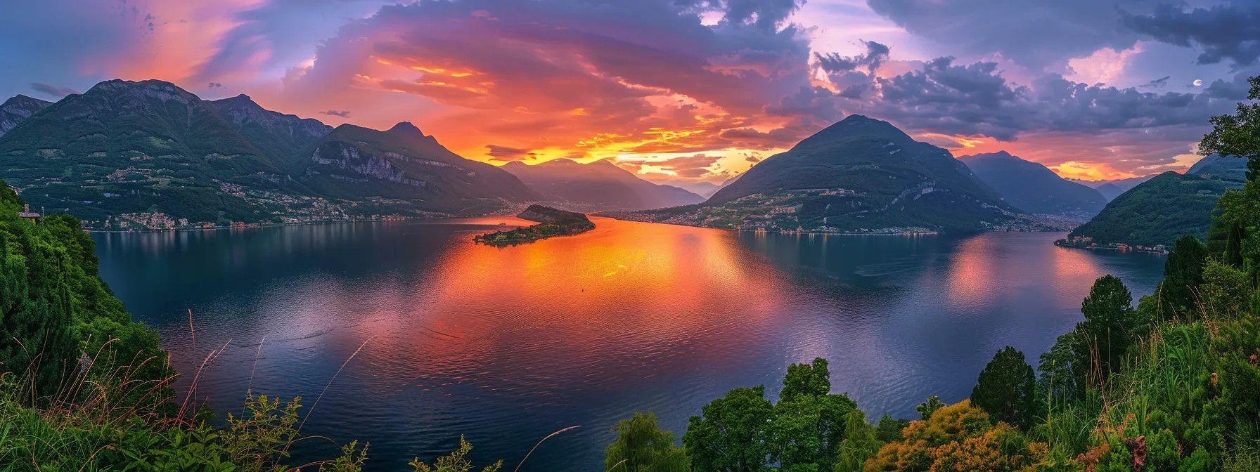 a vivid sunset casts golden rays over a tranquil lake, reflecting the fiery colors of the sky in a mesmerizing display of nature's beauty.