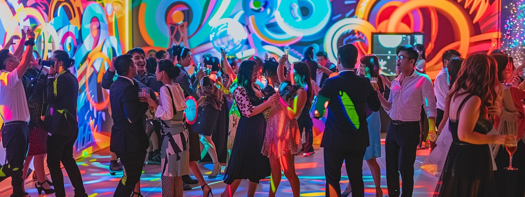 a vibrant party atmosphere bursts with energy as guests joyfully pose in front of a dazzling array of photo booths, surrounded by colorful lights, swirling confetti, and stylish backdrops, capturing unforgettable moments of laughter and celebration.