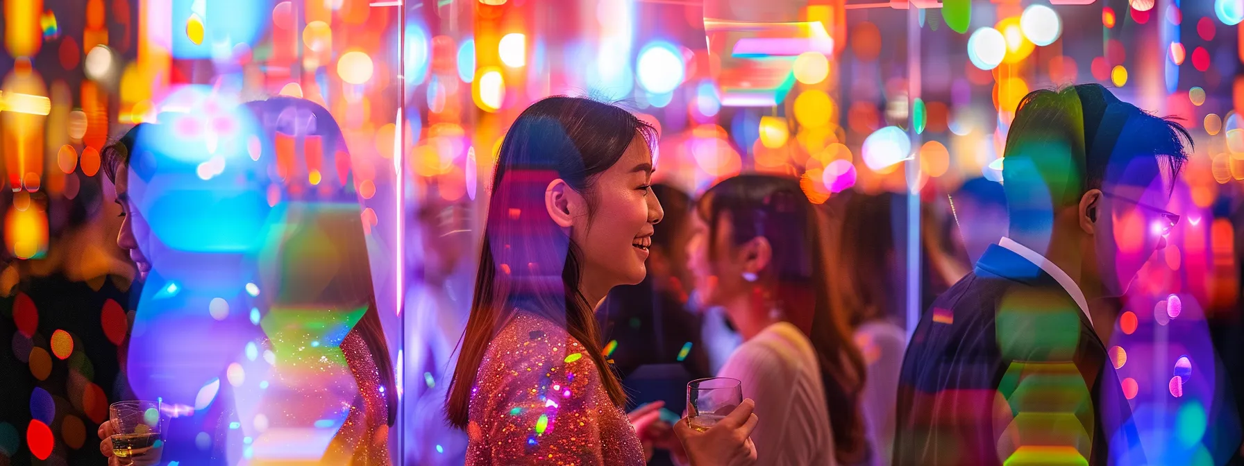 a vibrant party atmosphere bursts with energy as guests joyfully pose at colorful photo booths, surrounded by dazzling lights, confetti, and lively backdrops, capturing unforgettable moments of laughter and fun.