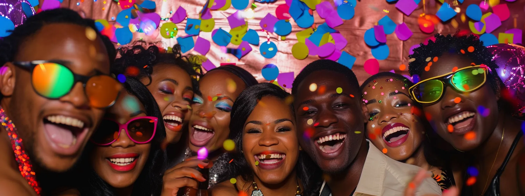 a vibrant party atmosphere captures guests joyfully posing in colorful photo booths, surrounded by dazzling lights and confetti, creating an unforgettable celebration filled with laughter and fun.