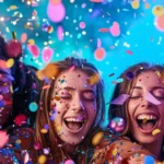 a vibrant party atmosphere captures joyful guests posing exuberantly at various interactive photo booths, illuminated by colorful lights and surrounded by shimmering confetti, creating a captivating backdrop of celebration and unforgettable memories.