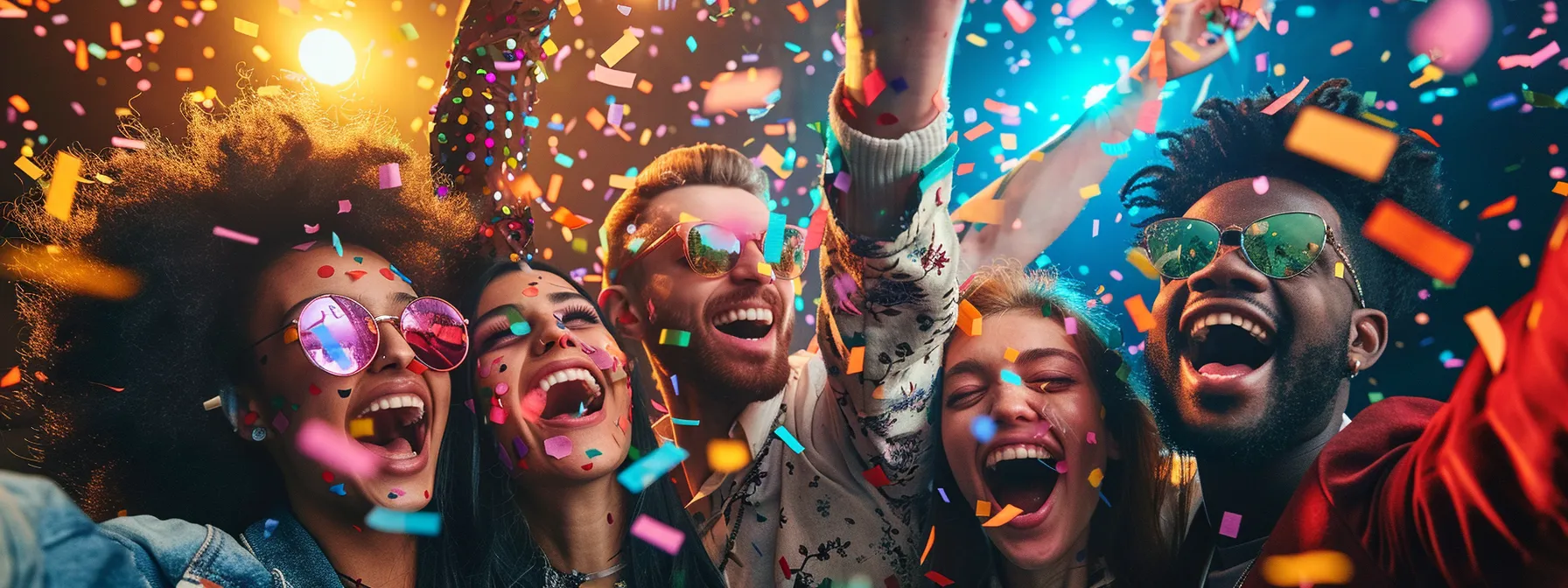 a vibrant party atmosphere captures guests joyfully posing with playful props at a dazzling photo booth, illuminated by colorful lights and surrounded by swirling confetti, embodying the essence of fun and unforgettable memories.