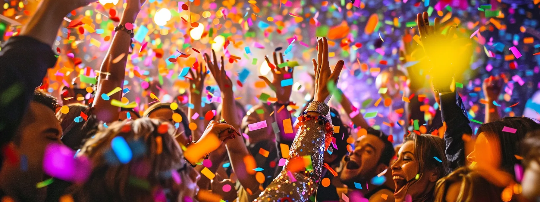 a vibrant party scene bursts with energy as guests laugh and pose at colorful photo booths illuminated by dynamic lights, surrounded by swirling confetti and stylish backdrops that capture the essence of unforgettable memories.