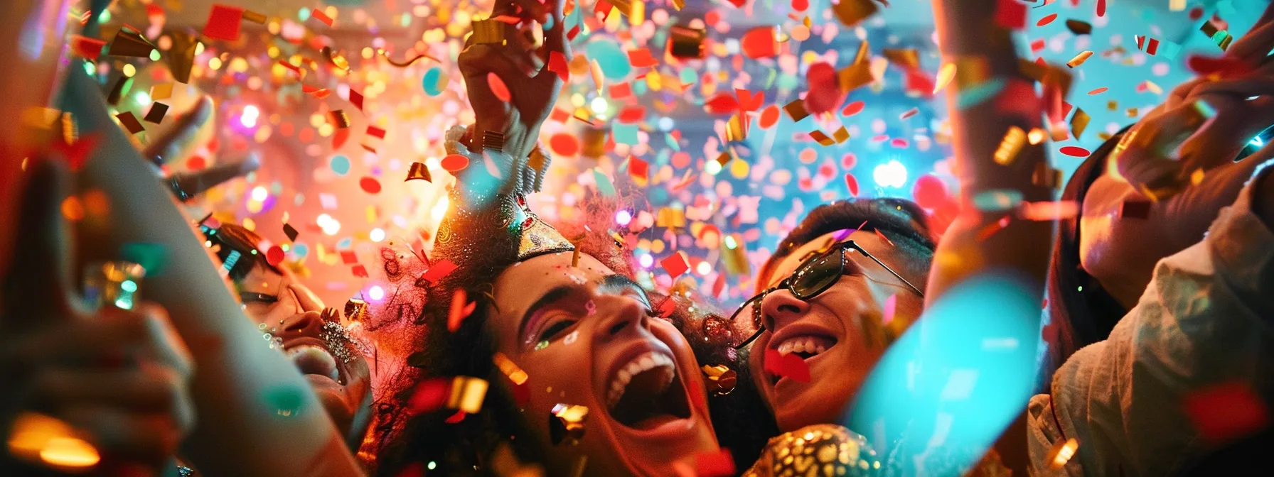 a vibrant party scene bursts with laughter and excitement as guests strike dynamic poses in a dazzling photo booth, surrounded by colorful lights, confetti, and stylish backdrops that elevate the joyful atmosphere.