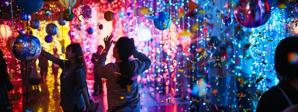 a vibrant party scene captures guests joyfully posing with colorful props at dynamic photo booths, surrounded by shimmering lights and cascading confetti, all radiating an atmosphere of unforgettable fun and celebration.