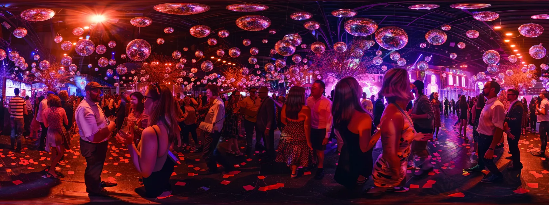 a vibrant party scene filled with laughter and joy, featuring guests enthusiastically posing in front of a dazzling 360 photo booth surrounded by colorful lights, shimmering confetti, and stylish backdrops that create an atmosphere of unforgettable fun and celebration.