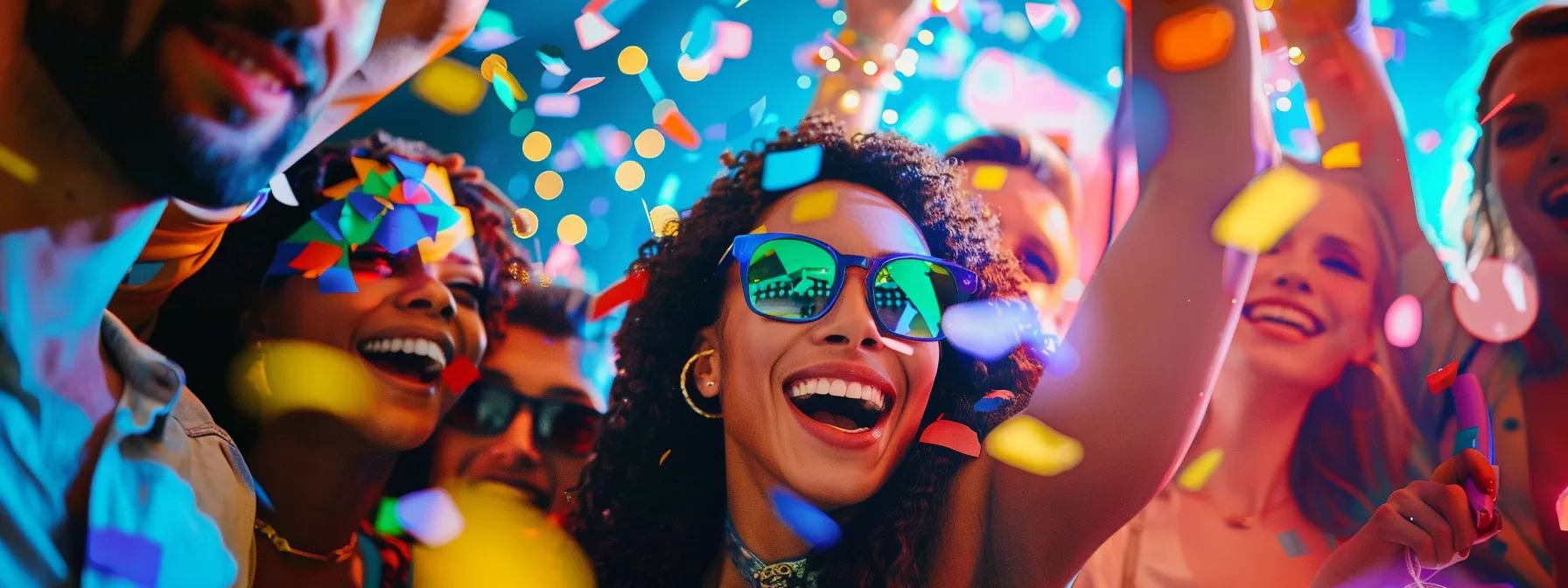 a vibrant party scene filled with joyous guests striking playful poses at dynamic photo booths under a canopy of colorful lights and confetti, capturing unforgettable memories against stylish backdrops.