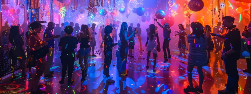 a vibrant party scene filled with lively guests joyfully posing at eye-catching photo booths adorned with colorful lights and confetti, radiating an electric atmosphere of fun and unforgettable memories.