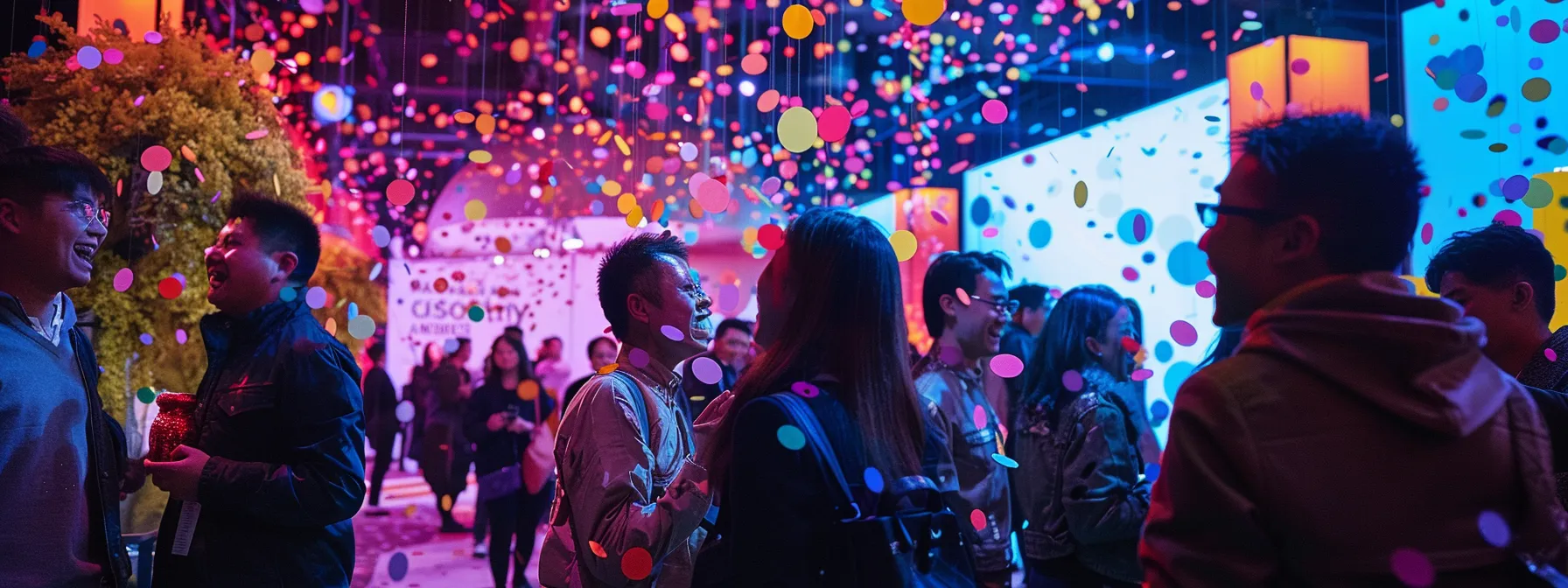 a vibrant party scene filled with joyful guests posing and laughing around an illuminated photo booth, surrounded by colorful lights, swirling confetti, and stylish backdrops, capturing the infectious energy of celebration.