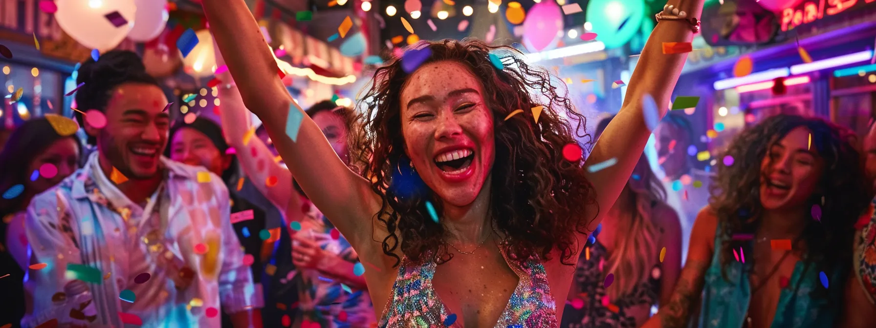 a vibrant party scene filled with guests joyfully posing in front of dazzling photo booths, surrounded by colorful lights and confetti, capturing unforgettable moments of fun and laughter.