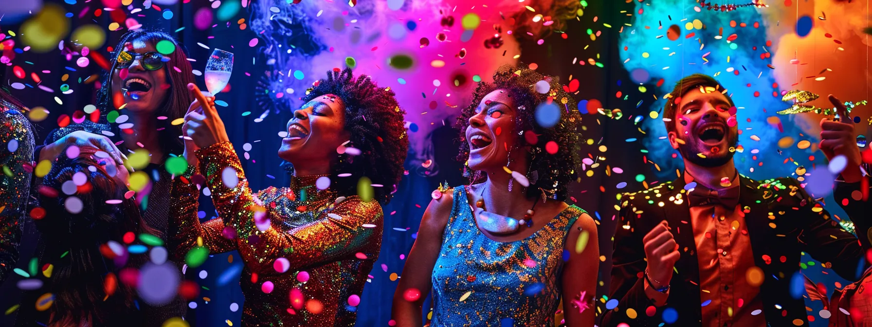 a vibrant party scene filled with laughter and excitement, featuring a dazzling array of colorful lights and stylish backdrops, where guests enthusiastically pose at dynamic photo booths amidst a shower of confetti, creating unforgettable memories.