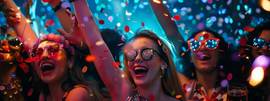 a vibrant party scene filled with laughter and excitement, showcasing guests posing joyfully at dynamic photo booths adorned with colorful lights, confetti, and stylish backdrops, capturing unforgettable moments of fun and celebration.