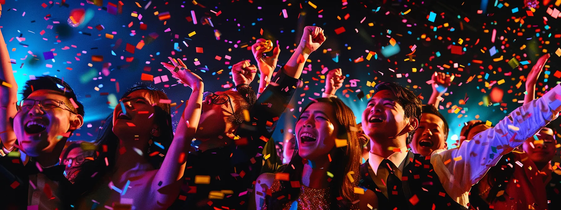 a vibrant party scene filled with laughter and joy, featuring guests posing in front of colorful, interactive photo booths adorned with exciting props, illuminated by dazzling lights and surrounded by a shower of confetti, capturing the essence of unforgettable celebrations.