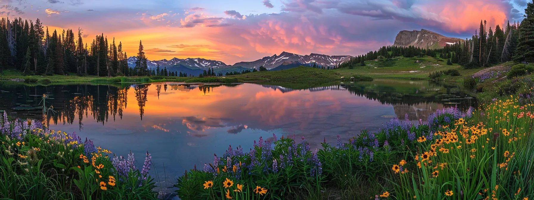 a vibrant sunset casts a warm golden glow over a tranquil lake, with colorful wildflowers in the foreground creating a stunning contrast against the serene water reflecting the brilliant sky.