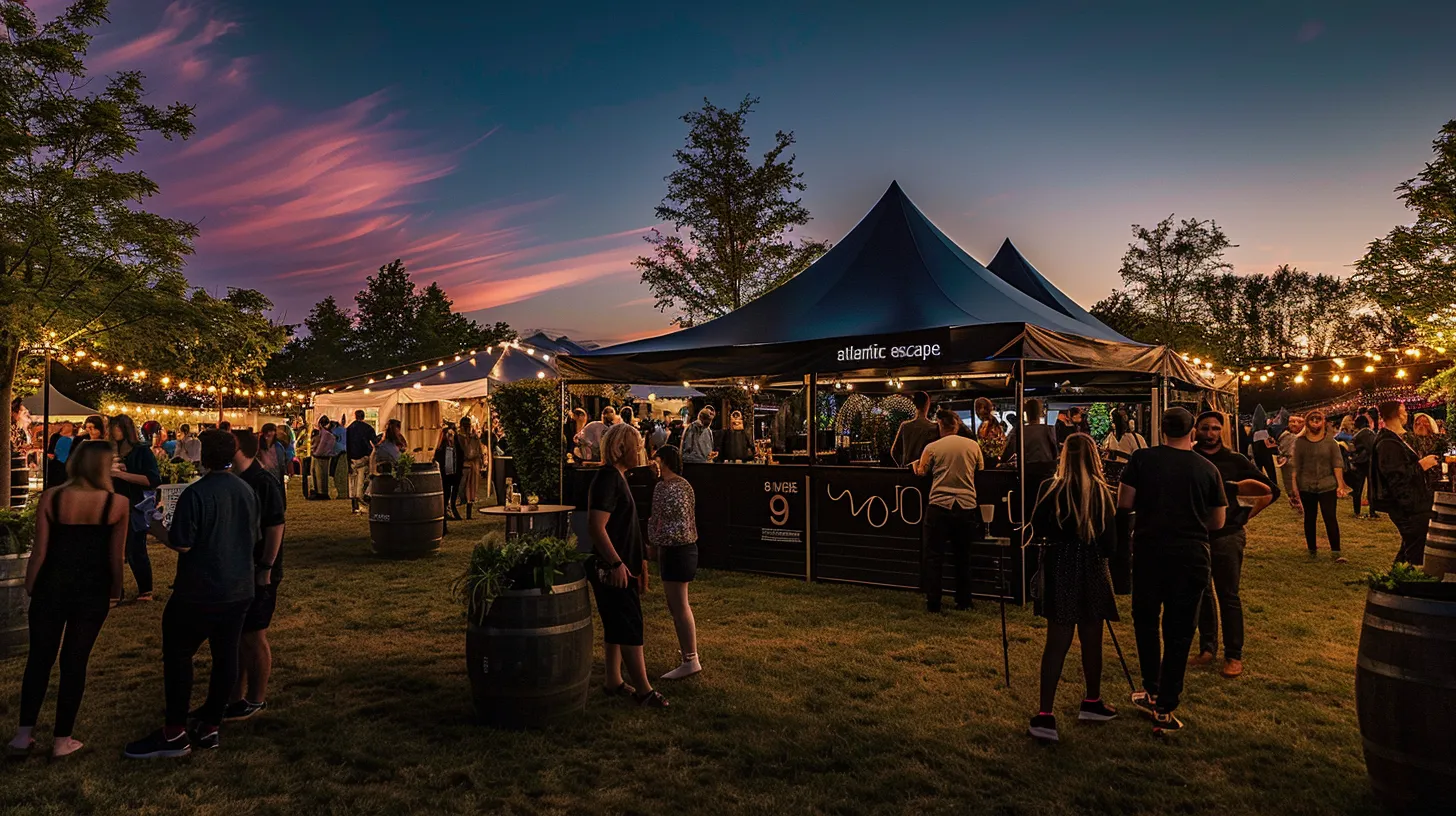 Why I Love Mobile Escape Rooms: Engaging Fun for Everyone! 6 a lively outdoor corporate event features a sleek black tent labeled “mid atlantic escape,” surrounded by diverse groups of engaged participants laughing and solving intricate puzzles, enhanced by warm lighting and atmospheric props like locks and vintage furniture, creating a vibrant festival-like ambiance.