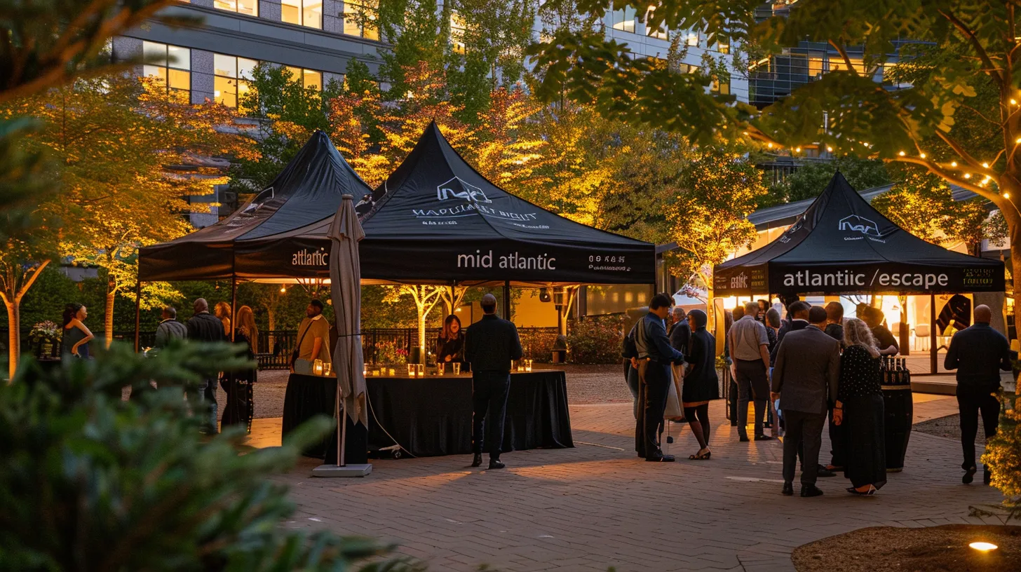 a sleek black tent labeled “mid atlantic escape” stands in an outdoor corporate event setting, filled with diverse participants energetically solving puzzles and engaging with vintage props, all under warm lighting that enhances the festive atmosphere, while trees and tables create an inviting environment.