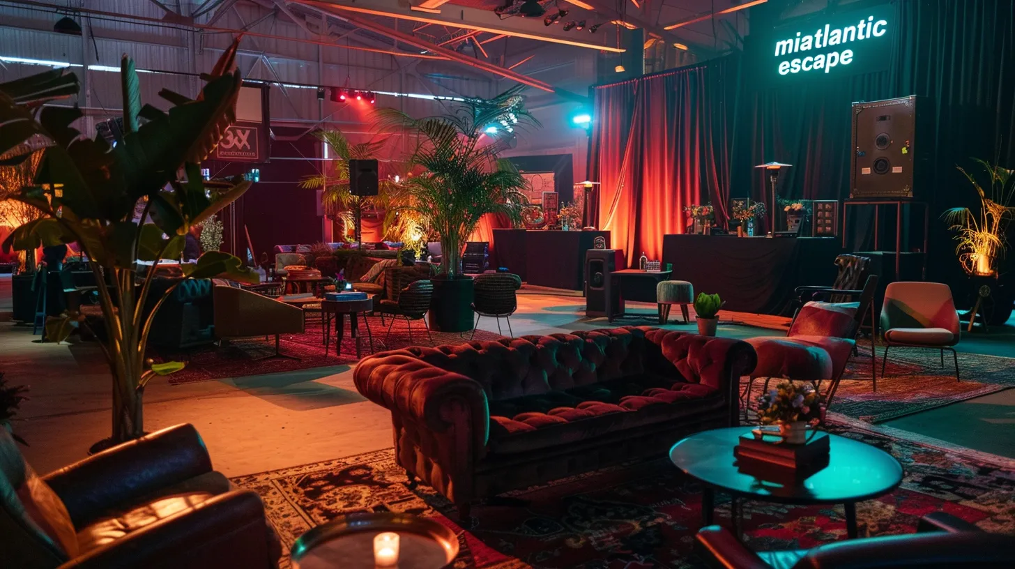 a vibrant corporate event scene features a sleek black tent labeled 