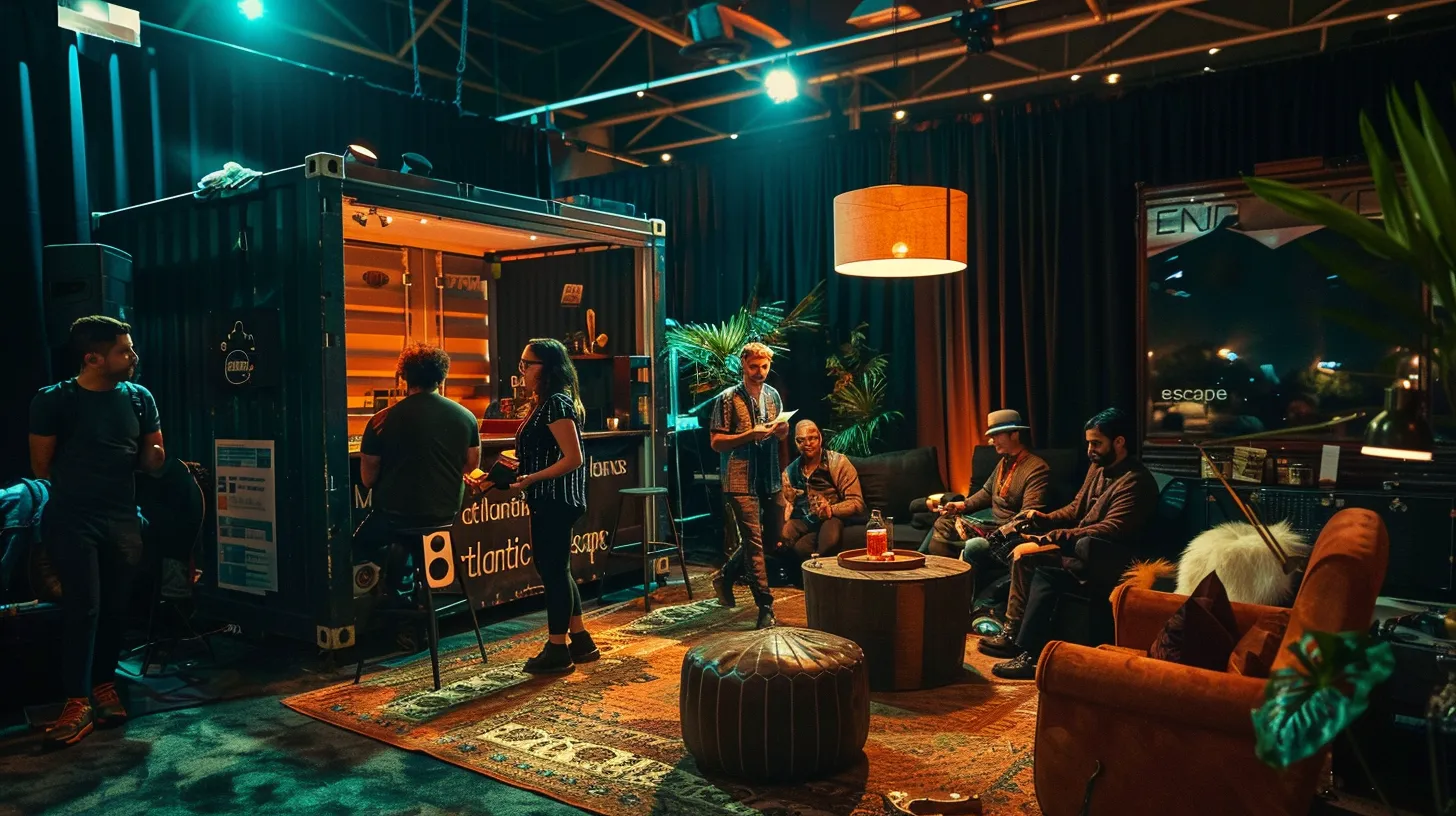 Why I Love Mobile Escape Rooms: Engaging Fun for Everyone! 3 a vibrant corporate event scene features a stylish black mobile escape room tent marked “mid atlantic escape,” filled with diverse groups of people joyfully tackling puzzles and interacting with vintage props under warm lighting, capturing the excitement of teamwork and immersive experiences.