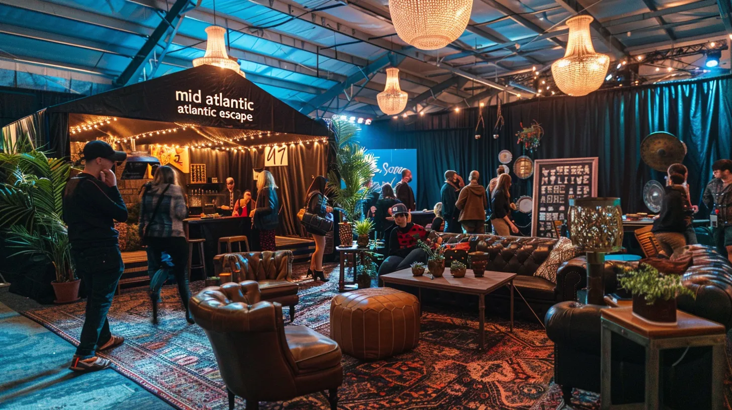 Why I Love Mobile Escape Rooms: Engaging Fun for Everyone! 7 a vibrant corporate event scene showcases a sleek black tent labeled “mid atlantic escape,” bustling with diverse participants joyfully solving puzzles and interacting with escape room props, all while surrounded by creatively designed vintage furniture, warm lanterns, and a festive atmosphere, captured in high detail with a cinematic 16:9 landscape format.