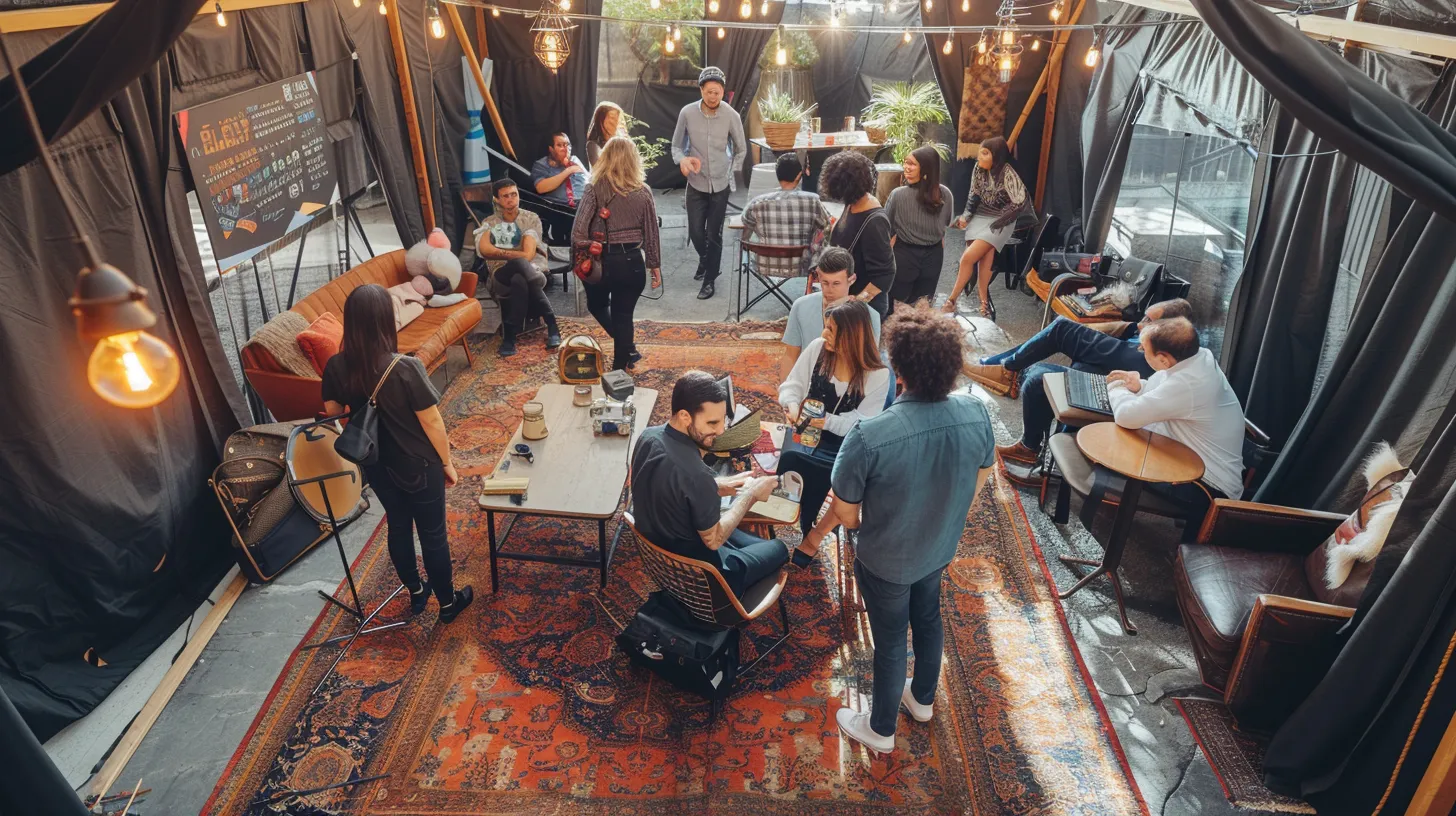 a vibrant corporate event unfolds around a sleek black mobile escape room tent, where diverse groups of people eagerly collaborate on puzzles amidst an eclectic mix of vintage furniture, atmospheric props, and playful camaraderie bathed in warm light, capturing the essence of teamwork and engagement.