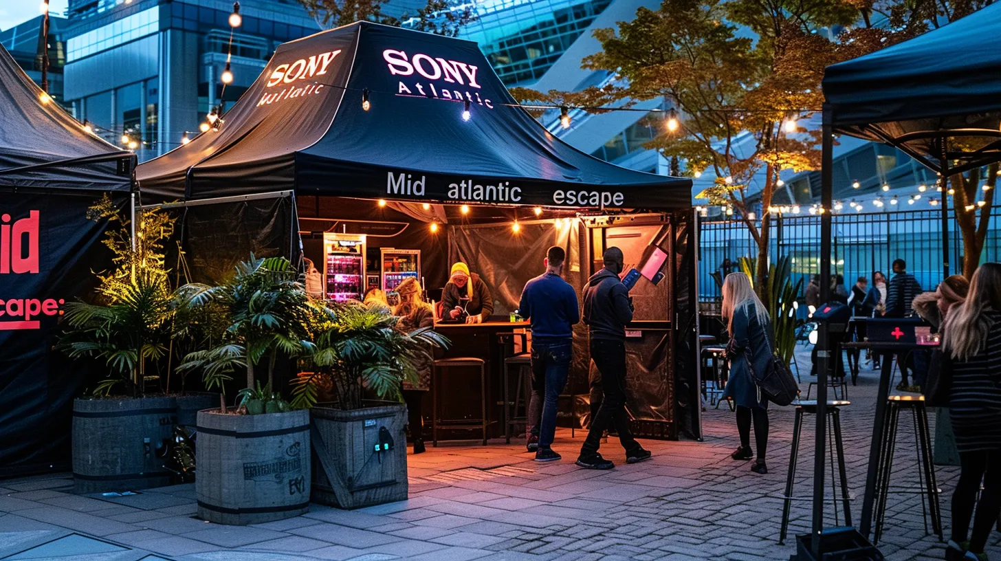 a vibrant outdoor corporate event scene features a stylish mobile escape room with a sleek black tent labeled “mid atlantic escape,” where diverse groups of participants animatedly solve puzzles, surrounded by atmospheric props like locks and keys under warm, inviting lighting.