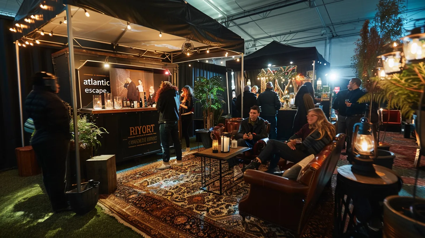 a vibrant outdoor corporate event showcases a sleek black mobile escape room tent labeled 