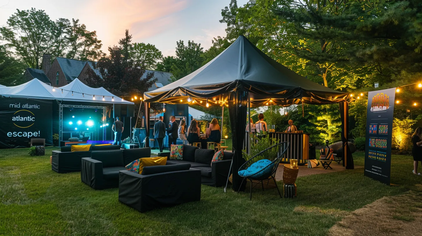 Why I Love Mobile Escape Rooms: Engaging Fun for Everyone! 2 a vibrant outdoor corporate event features a sleek black tent labeled “mid atlantic escape,” where diverse groups excitedly collaborate on colorful puzzles amidst vintage furniture and atmospheric props, all set against a festive backdrop of trees and warm lighting.