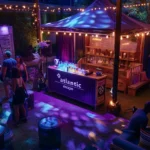 a vibrant outdoor corporate event featuring a stylish mobile escape room tent emblazoned with “mid atlantic escape,” surrounded by diverse participants immersed in laughter and puzzle-solving, enhanced by atmospheric props like locks, keys, and vintage furniture, all under warm ambient lighting.