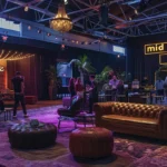 a vibrant scene at a corporate event features a sleek black tent labeled "mid atlantic escape," bustling with diverse groups of people engaged in lively puzzle-solving around vintage furniture and themed props, all under warm, inviting lighting that enhances the festival-like atmosphere.