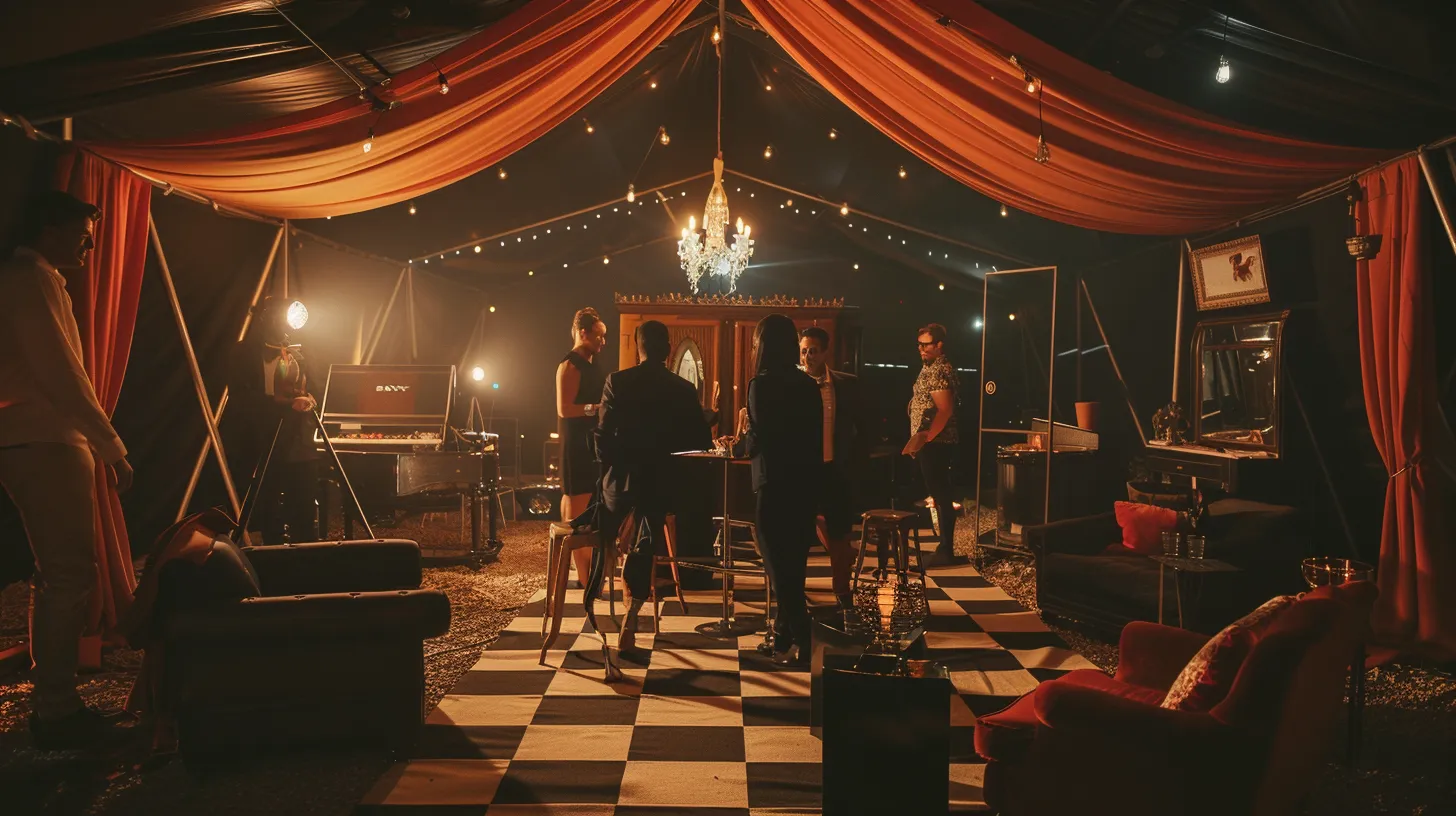 Why I Love Mobile Escape Rooms: Engaging Fun for Everyone! 5 an engaging corporate event featuring a stylish mobile escape room housed in a sleek black tent, bustling with diverse participants enthusiastically solving intricate puzzles amidst atmospheric props and vintage furnishings, all under warm lighting that enhances the lively festival-like atmosphere.