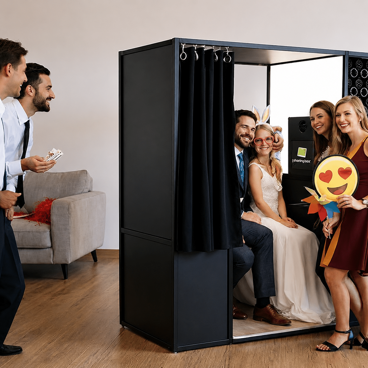 A bride and friends pose with playful props in a magic mirror photo booth while two men laugh nearby, all dressed in wedding attire in a cheerful indoor setting.