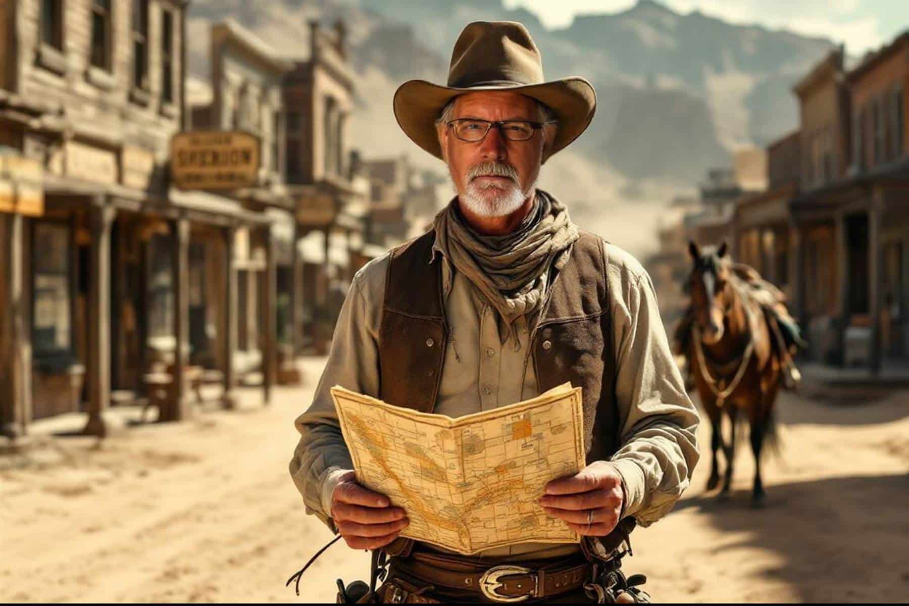An older man in cowboy attire holds a map on a dusty street in an old Western town with wooden buildings and a horse in the background.