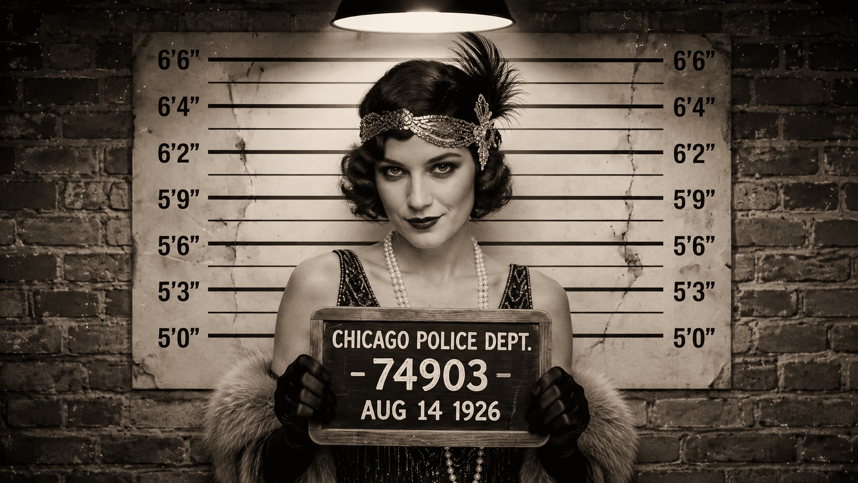 A woman in 1920s attire stands before a height chart holding a police placard labeled CHICAGO POLICE DEPT. 74903 AUG 14 1926. The image is sepia-toned and styled like a vintage mugshot.
