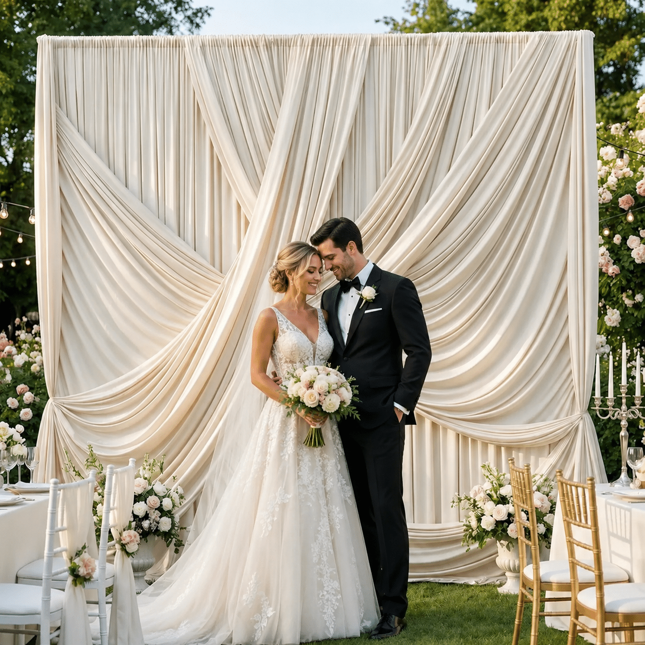 Bride and groom posing in front of a luxury ivory draped backdrop