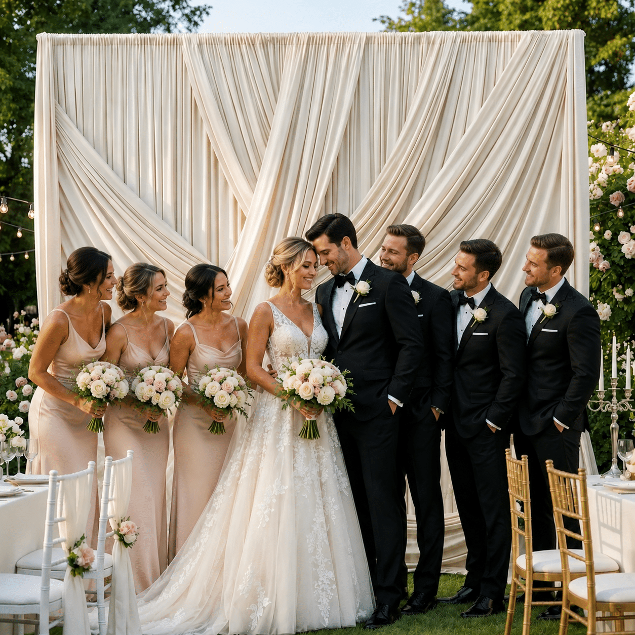 Wedding party posing in front of a luxury ivory draped backdrop
