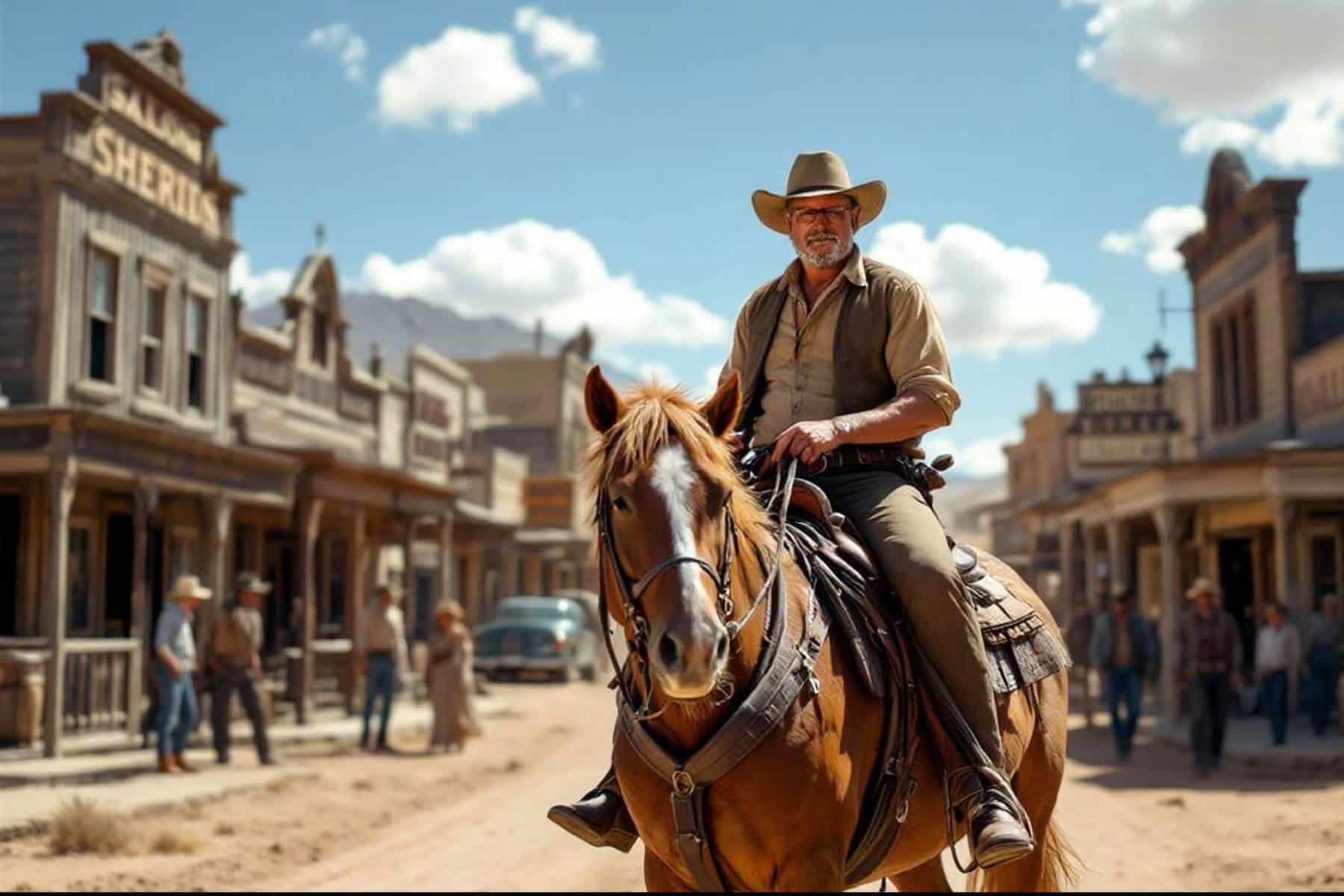 A cowboy wearing a hat and vest sits confidently on a brown horse on a dusty street in an old western town, with wooden buildings and people in the background under a bright blue sky.