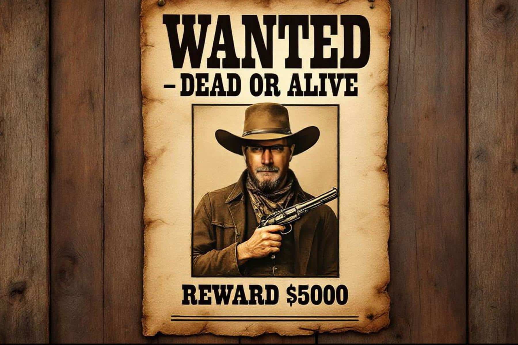 A wanted poster on wooden planks shows a man in a cowboy hat holding a revolver. Text reads: WANTED – DEAD OR ALIVE. REWARD $5000. The paper looks old and weathered.