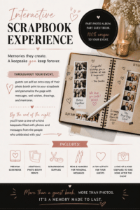FAQ - Frequently Asked Questions 3 An event poster for an interactive scrapbook experience showing a photo album, scrapbooking supplies, and details about creating a keepsake guestbook with photos, messages, and drawings from guests.